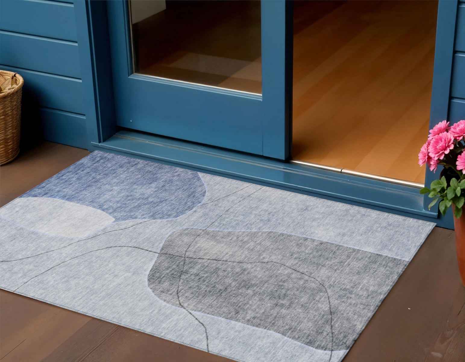 3' X 5' Denim Blue And Sky Blue Abstract Washable Indoor Outdoor Area Rug