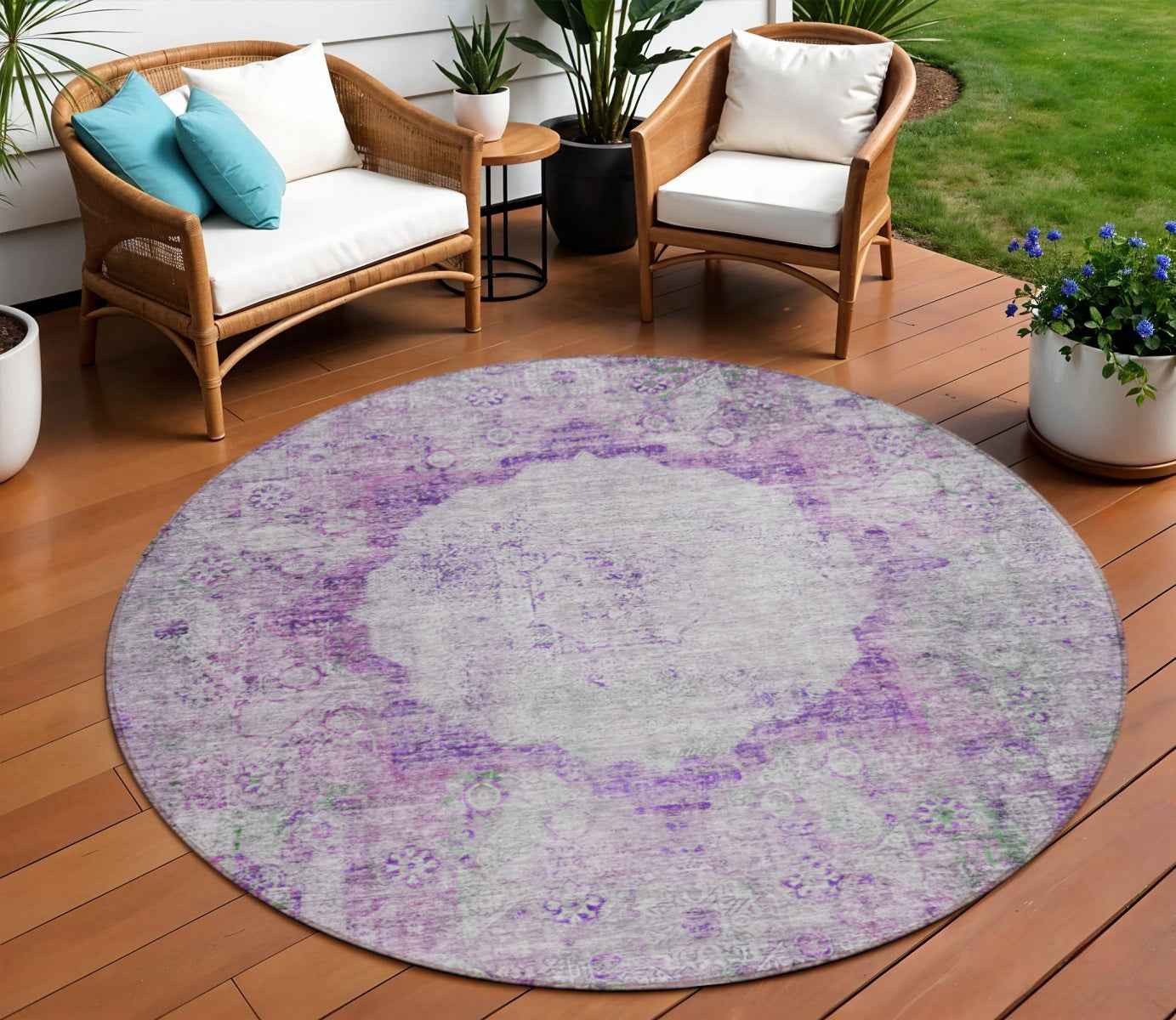 8' Purple Lavender And Gray Round Oriental Washable Indoor Outdoor Area Rug