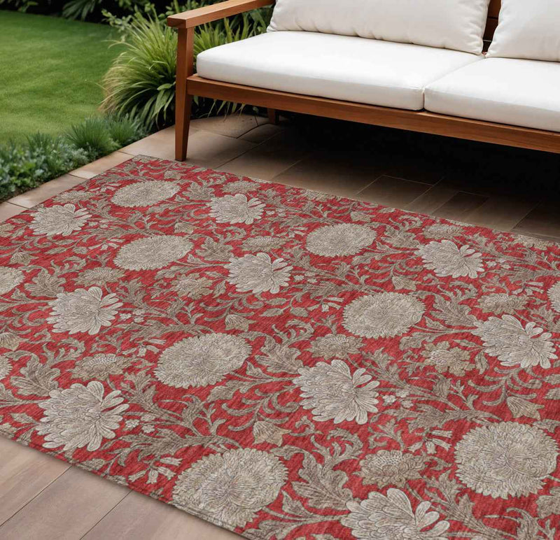 8' X 10' Red Taupe And Beige Floral Washable Indoor Outdoor Area Rug