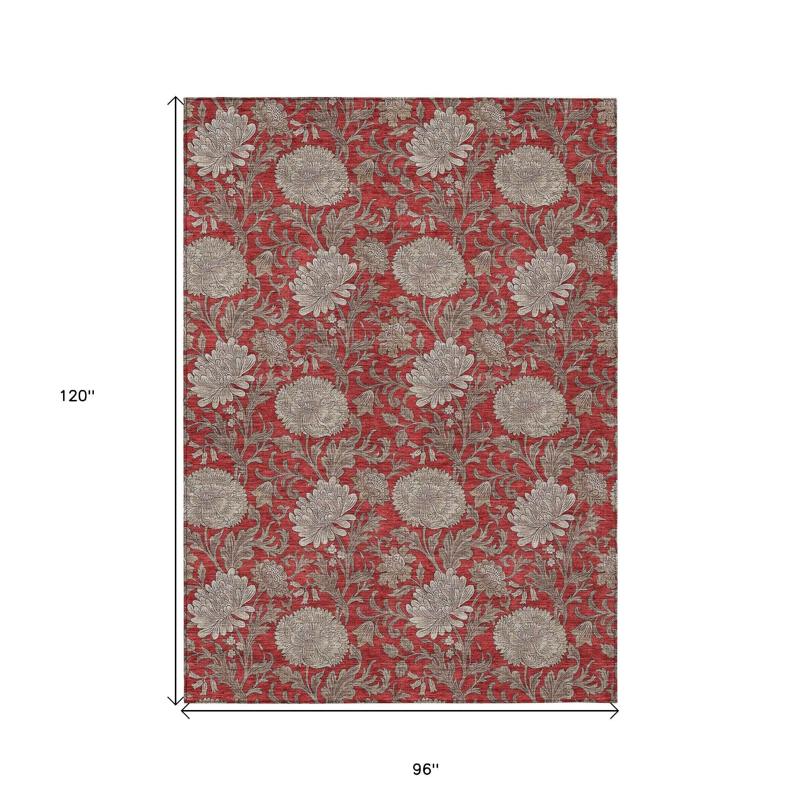 8' X 10' Red Taupe And Beige Floral Washable Indoor Outdoor Area Rug