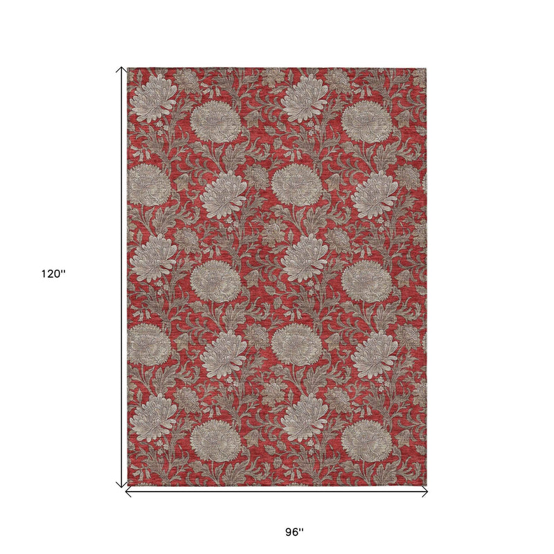 8' X 10' Red Taupe And Beige Floral Washable Indoor Outdoor Area Rug