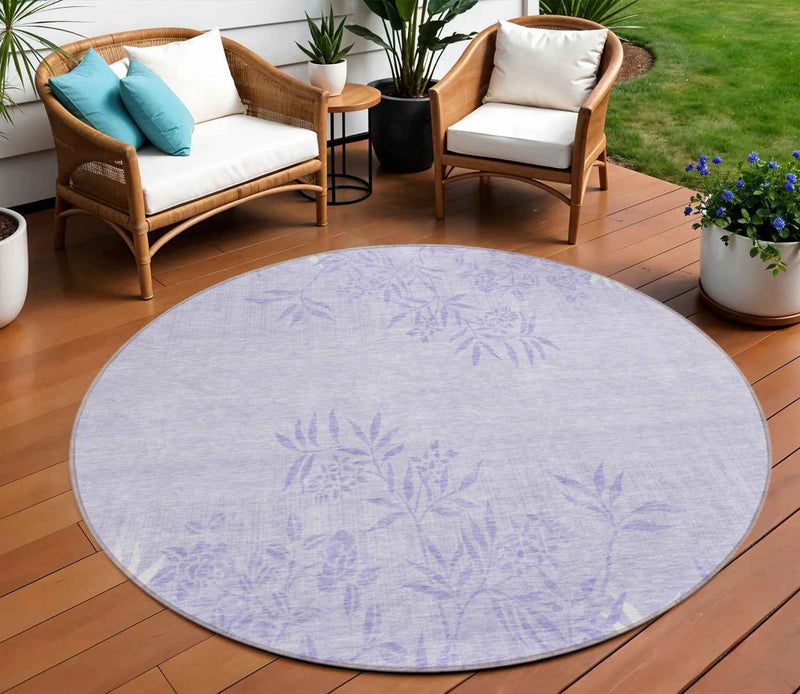 8' Lilac Purple And Ivory Round Floral Washable Indoor Outdoor Area Rug