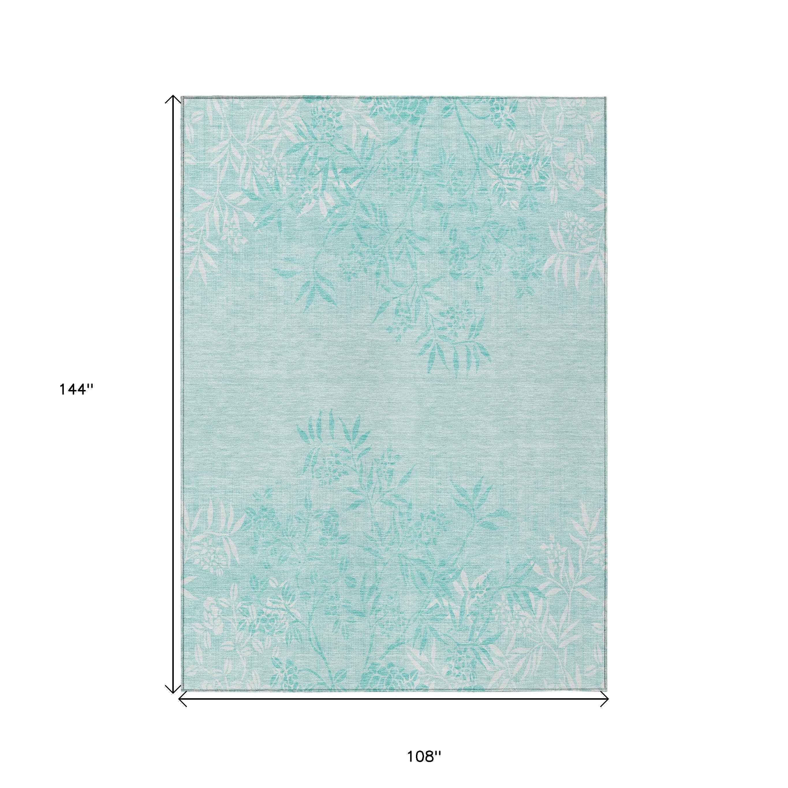 9' X 12' Teal Blue Aqua And Ivory Floral Washable Indoor Outdoor Area Rug