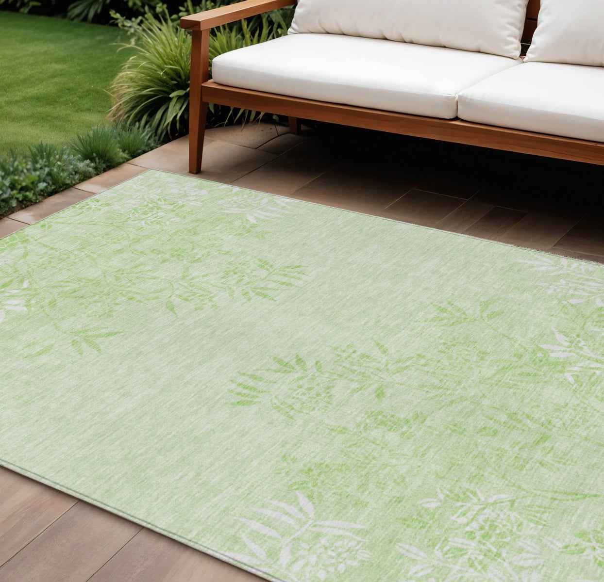 8' X 10' Mint Green Artichoke Green And Ivory Floral Washable Indoor Outdoor Area Rug