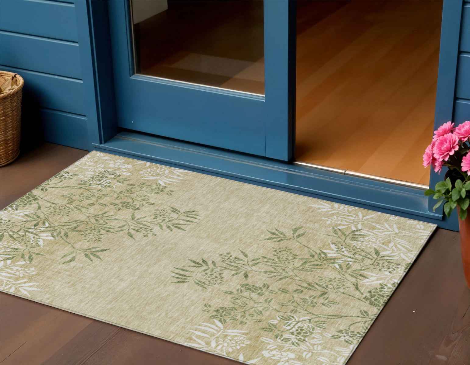 3' X 5' Khaki Ivory And Green Floral Washable Indoor Outdoor Area Rug