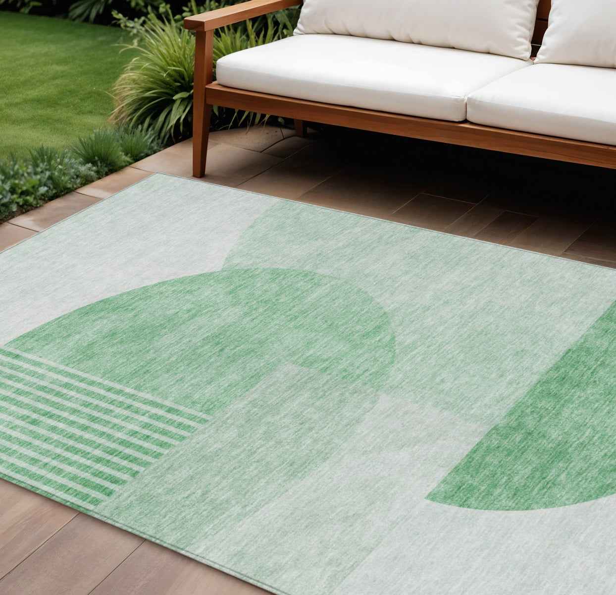 9' X 12' Green And Mint Green Geometric Washable Indoor Outdoor Area Rug
