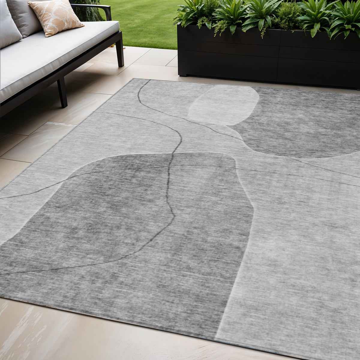 5' X 8' Gray Charcoal And Silver Abstract Washable Indoor Outdoor Area Rug
