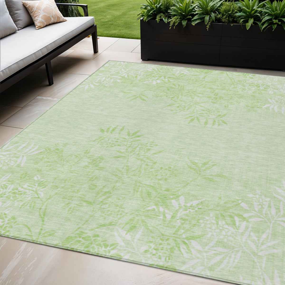 5' X 8' Mint Green Artichoke Green And Ivory Floral Washable Indoor Outdoor Area Rug