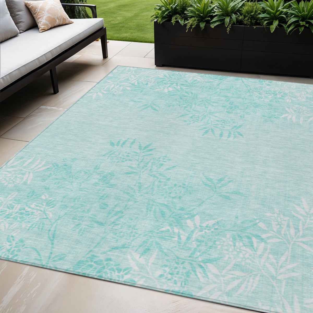 5' X 8' Teal Blue Aqua And Ivory Floral Washable Indoor Outdoor Area Rug
