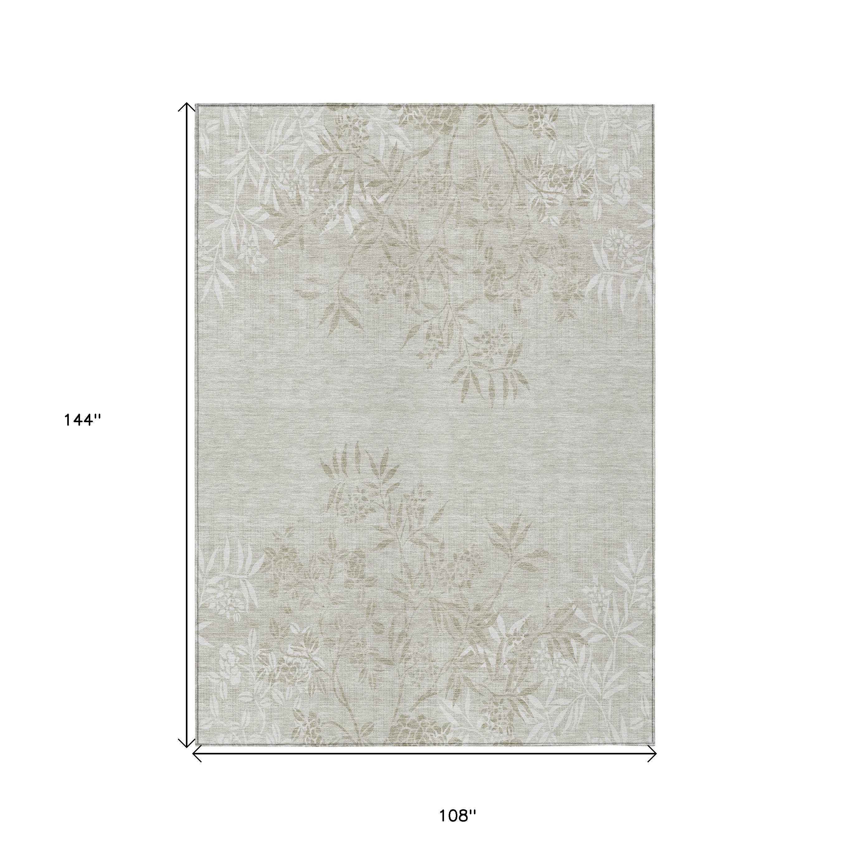 9' X 12' Beige Tan And Ivory Floral Washable Indoor Outdoor Area Rug