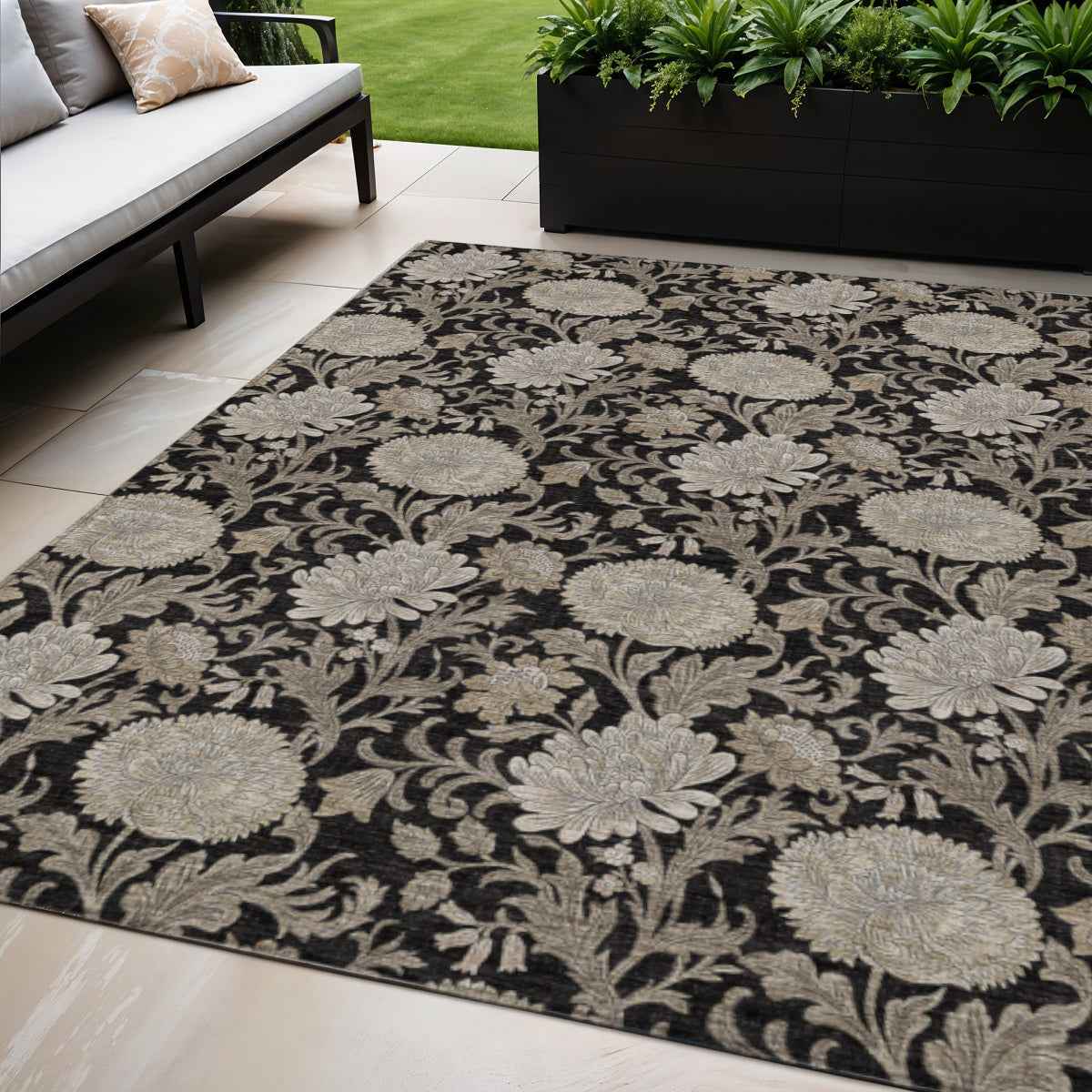 5' X 8' Black Taupe And Beige Floral Washable Indoor Outdoor Area Rug