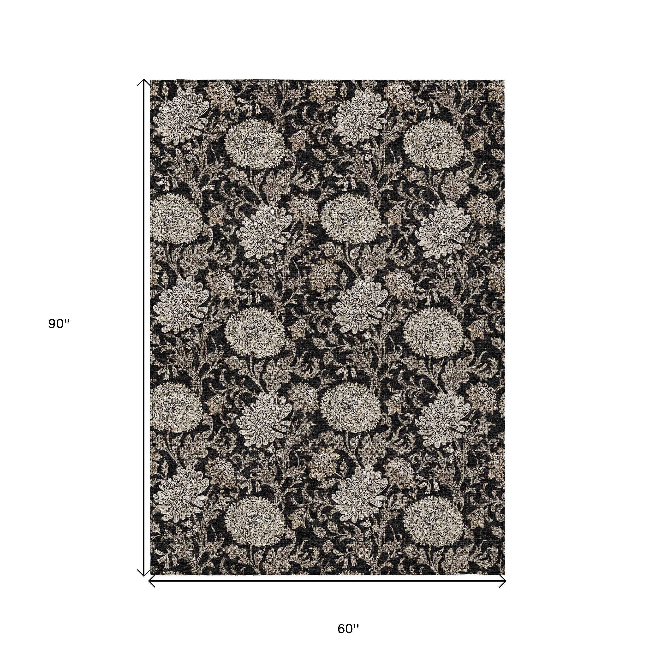 5' X 8' Black Taupe And Beige Floral Washable Indoor Outdoor Area Rug