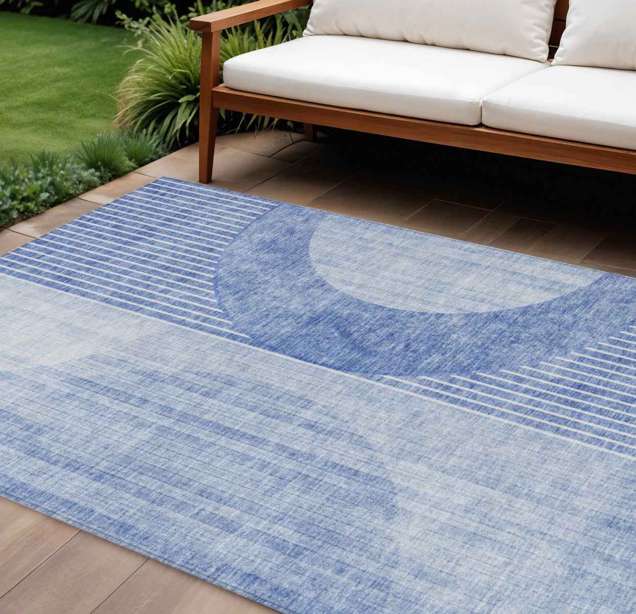 10' X 14' Denim Blue And Sky Blue Geometric Washable Indoor Outdoor Area Rug