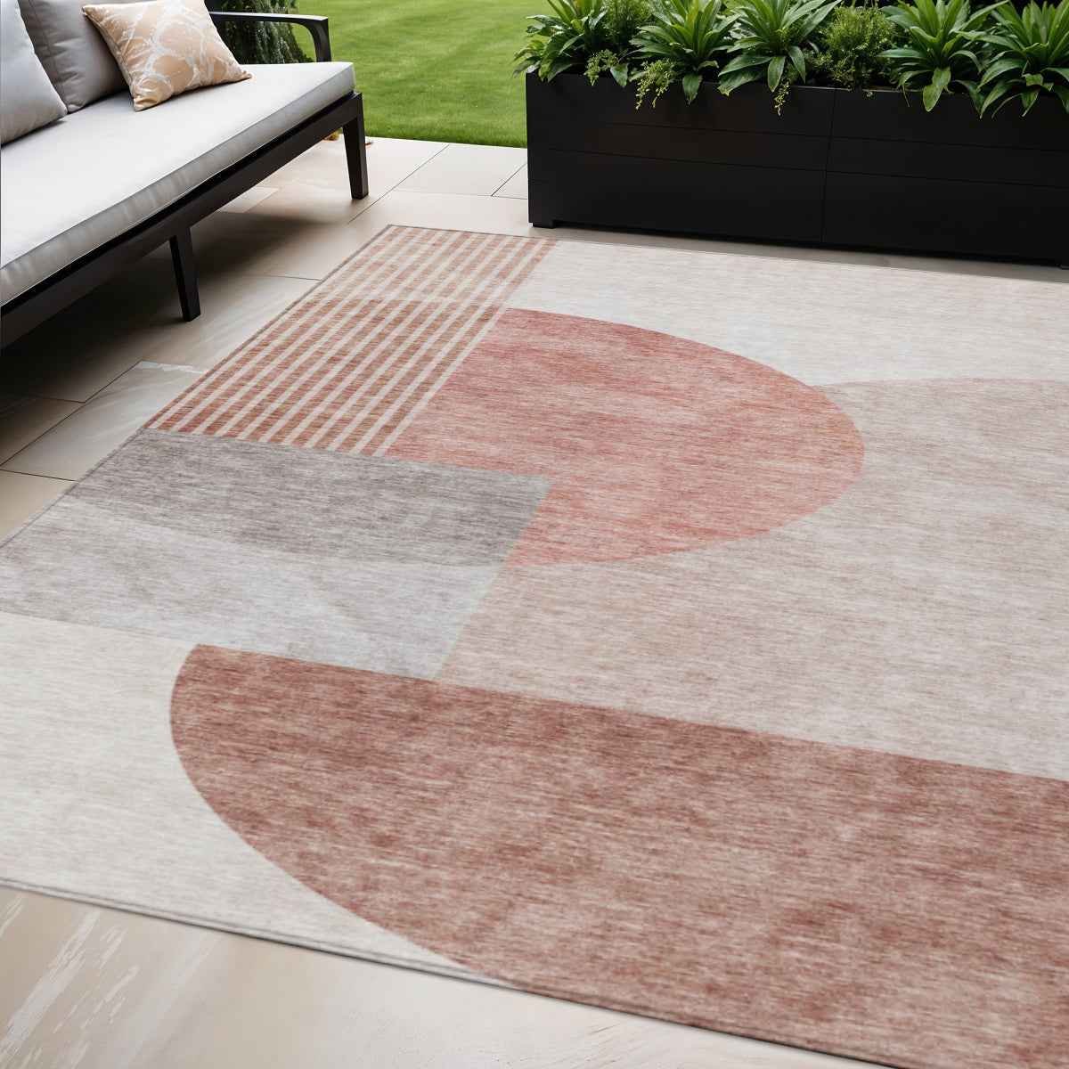 5' X 8' Copper Red And Gray Geometric Washable Indoor Outdoor Area Rug