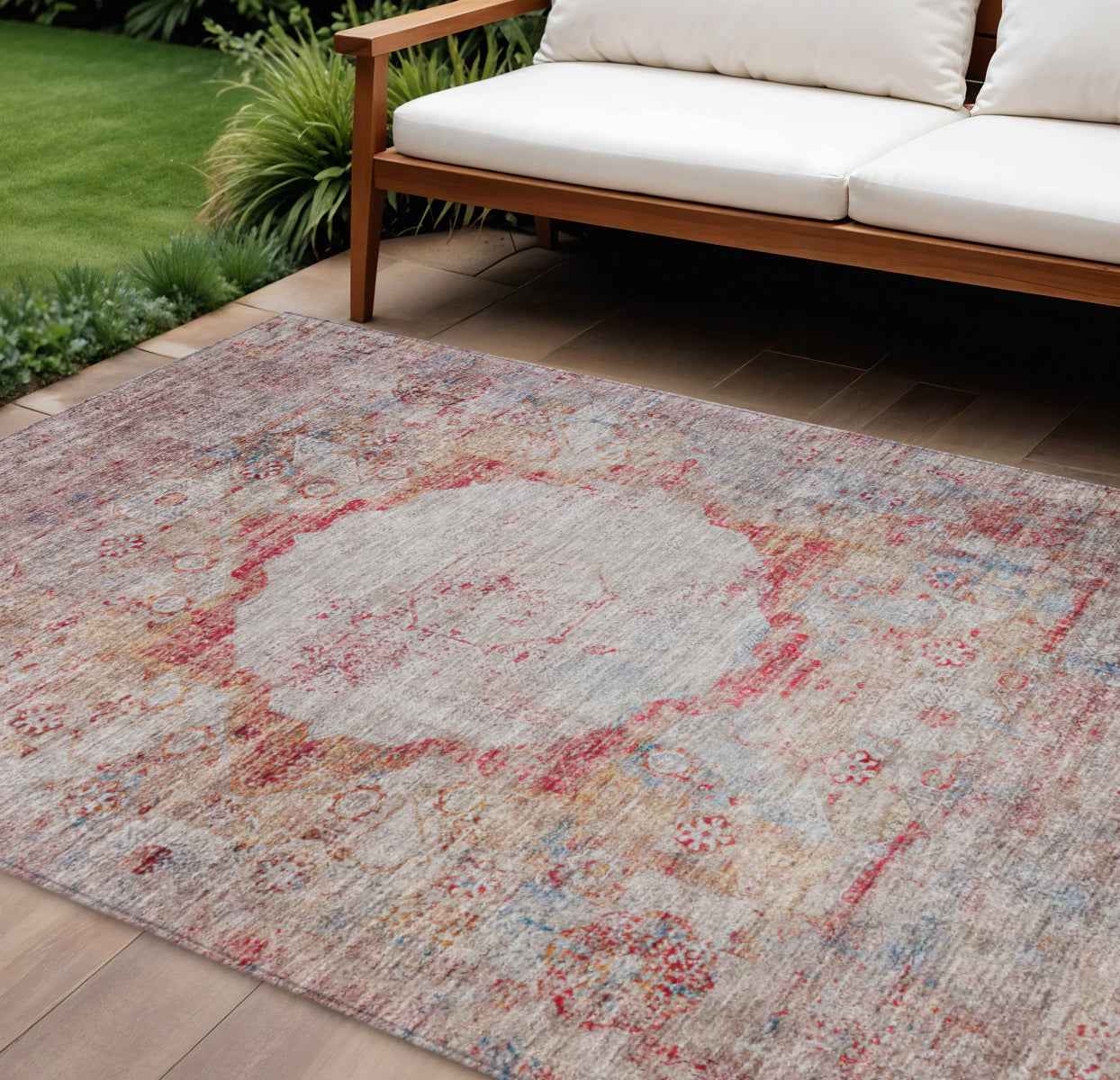 8' X 10' Red Gray And Blue Oriental Washable Indoor Outdoor Area Rug