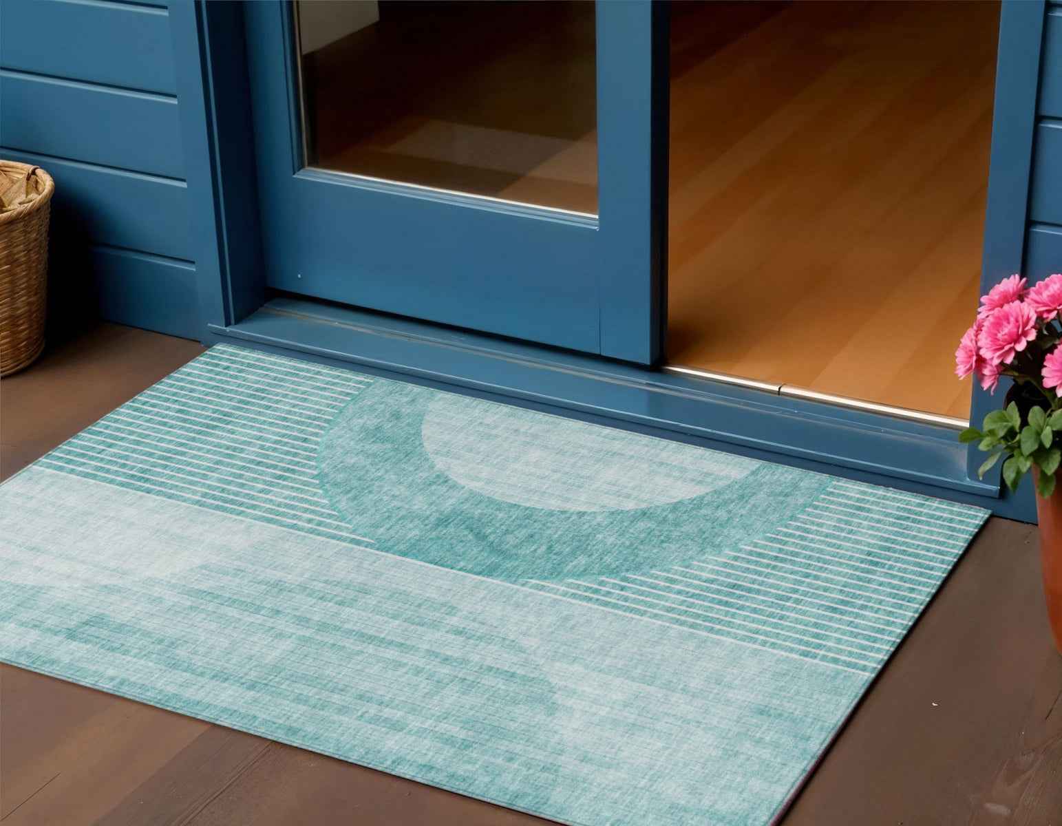 3' X 5' Teal Blue And Aqua Geometric Washable Indoor Outdoor Area Rug