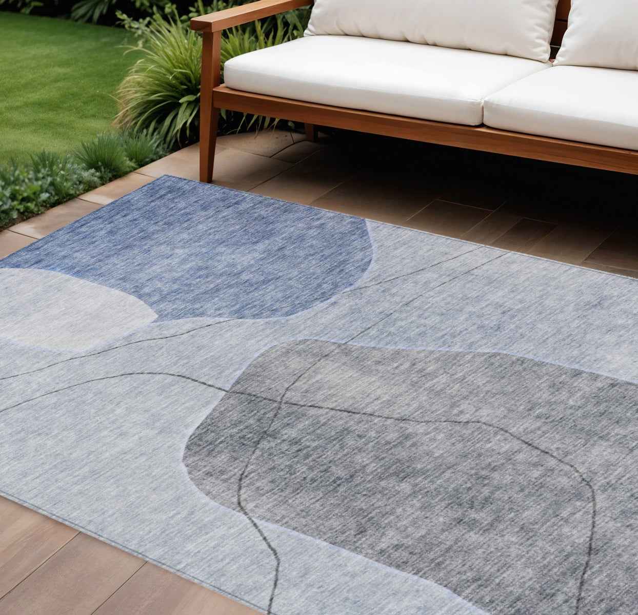 9' X 12' Denim Blue And Sky Blue Abstract Washable Indoor Outdoor Area Rug