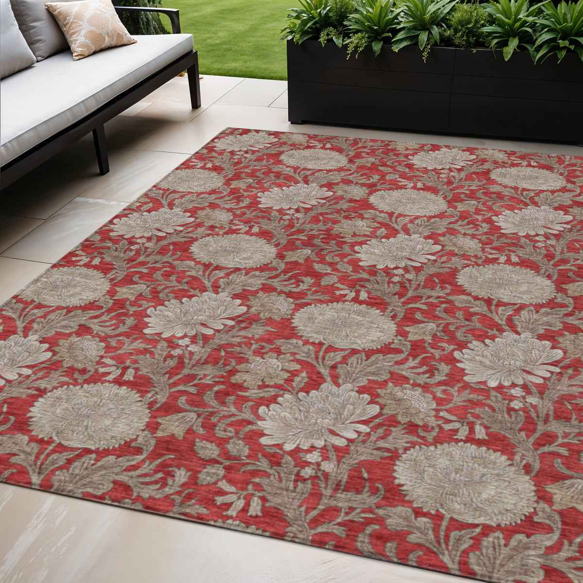 5' X 8' Red Taupe And Beige Floral Washable Indoor Outdoor Area Rug