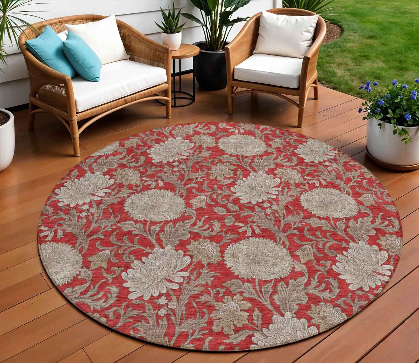 8' Red Taupe And Beige Round Floral Washable Indoor Outdoor Area Rug