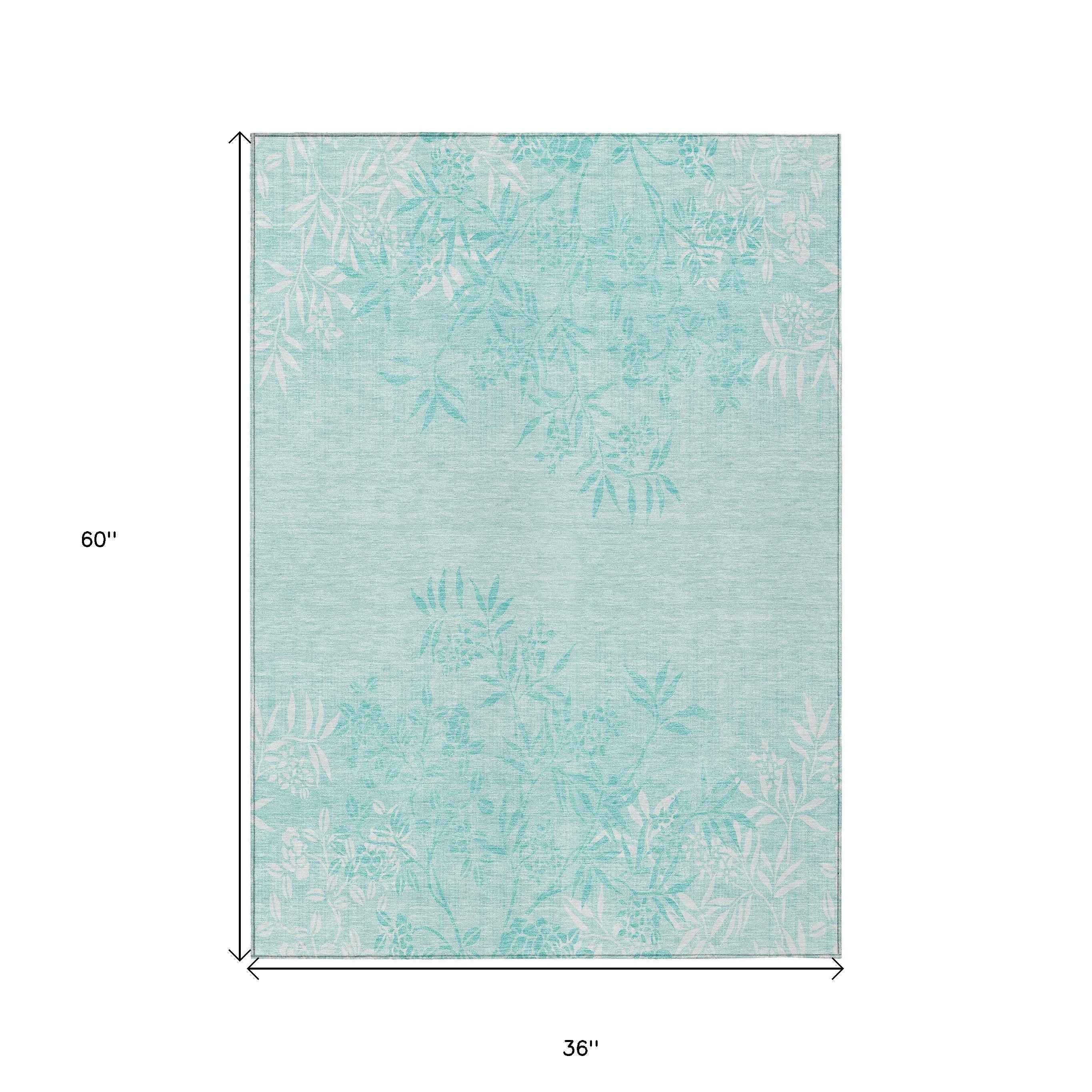3' X 5' Teal Blue Aqua And Ivory Floral Washable Indoor Outdoor Area Rug