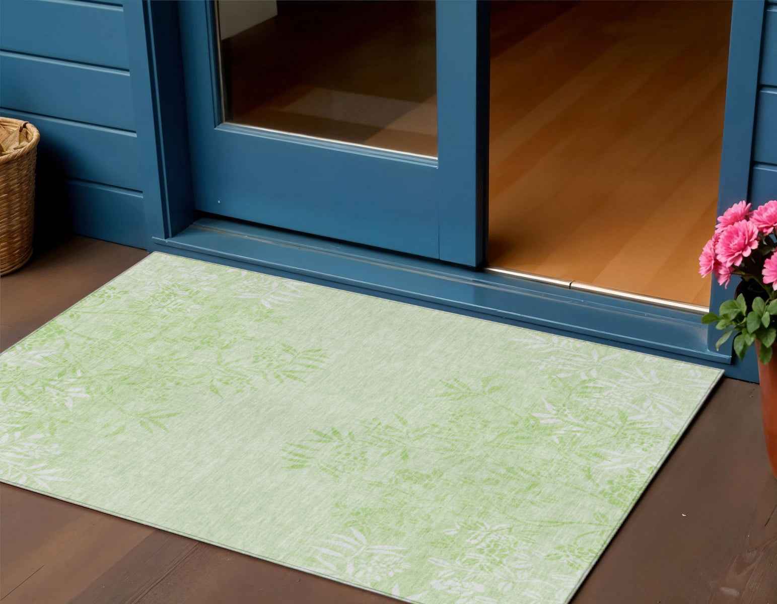 3' X 5' Mint Green Artichoke Green And Ivory Floral Washable Indoor Outdoor Area Rug