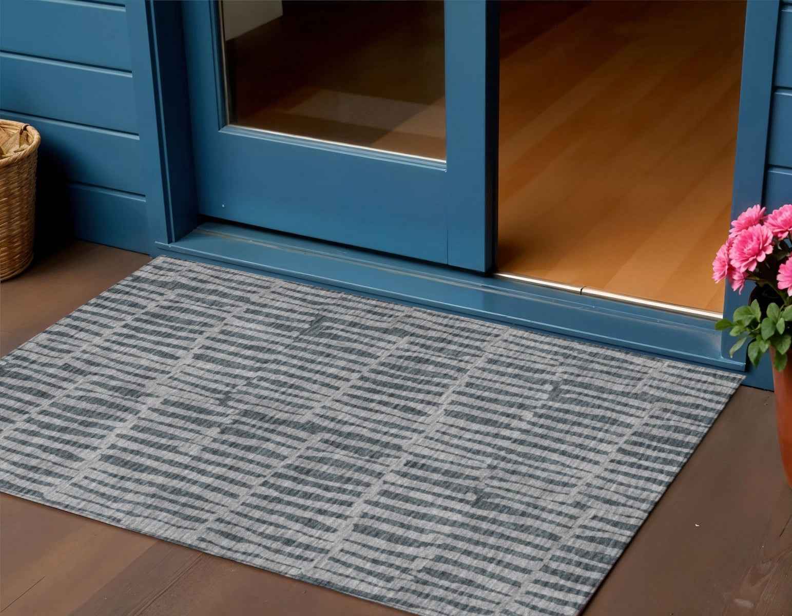3' X 5' Charcoal And Gray Striped Washable Indoor Outdoor Area Rug