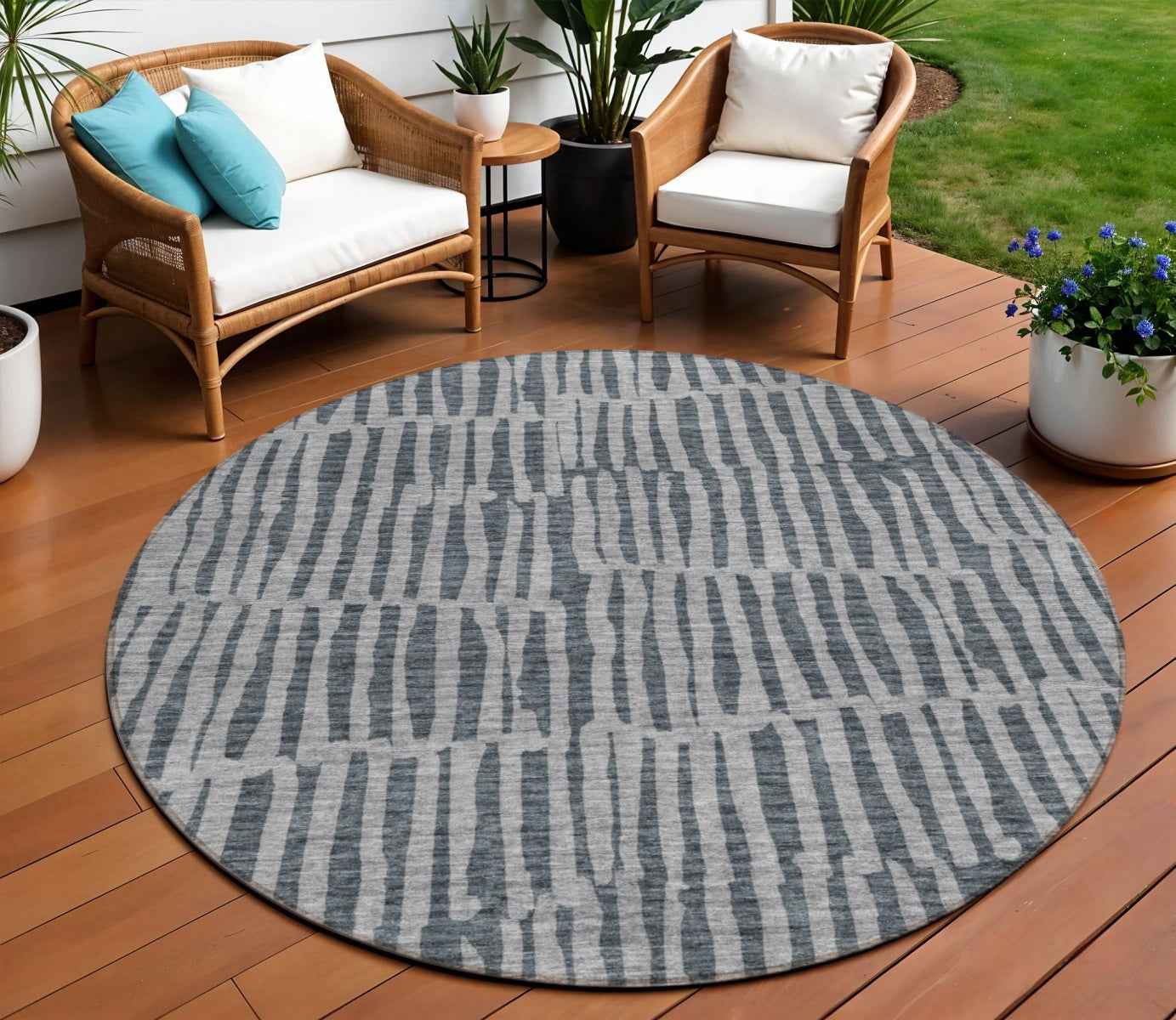 8' Charcoal And Gray Round Striped Washable Indoor Outdoor Area Rug