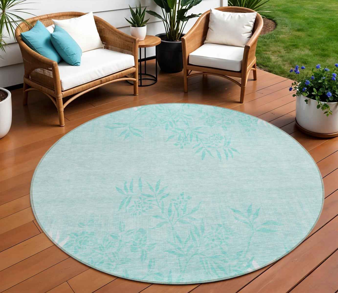 8' Teal Blue Aqua And Ivory Round Floral Washable Indoor Outdoor Area Rug