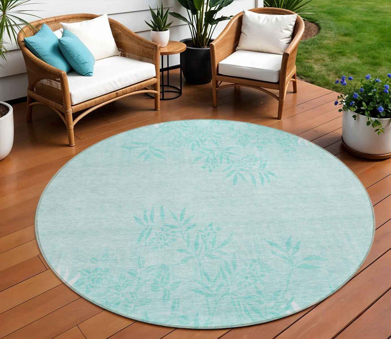 8' Teal Blue Aqua And Ivory Round Floral Washable Indoor Outdoor Area Rug