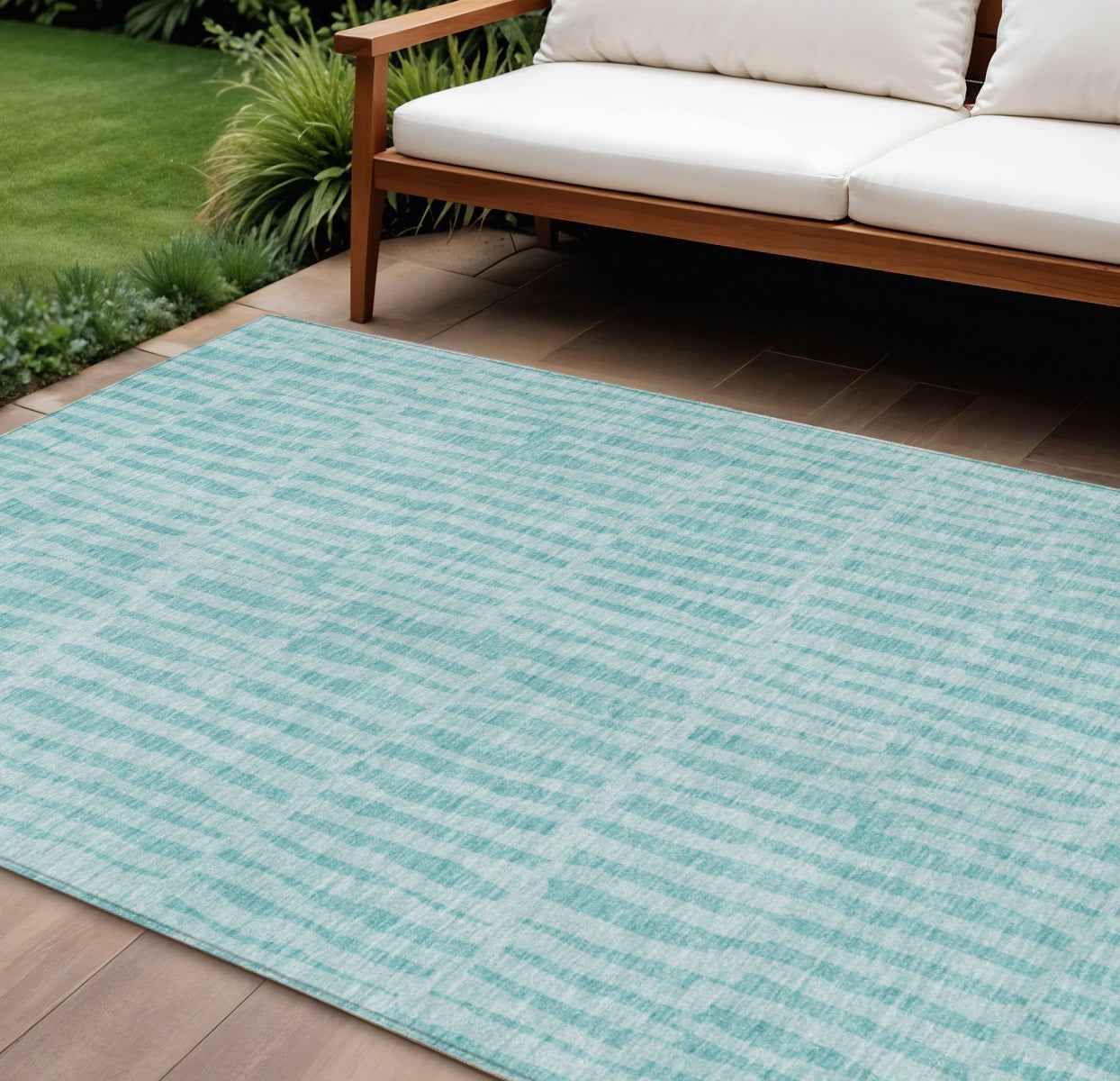 10' X 14' Teal Blue And Aqua Striped Washable Indoor Outdoor Area Rug