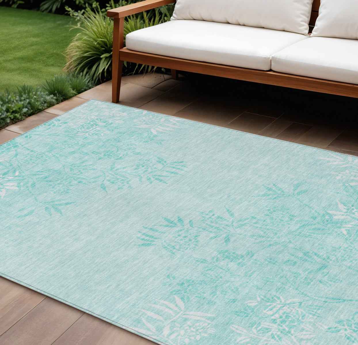 10' X 14' Teal Blue Aqua And Ivory Floral Washable Indoor Outdoor Area Rug