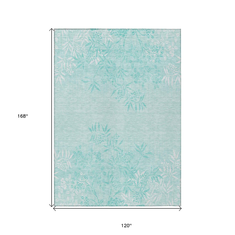 10' X 14' Teal Blue Aqua And Ivory Floral Washable Indoor Outdoor Area Rug
