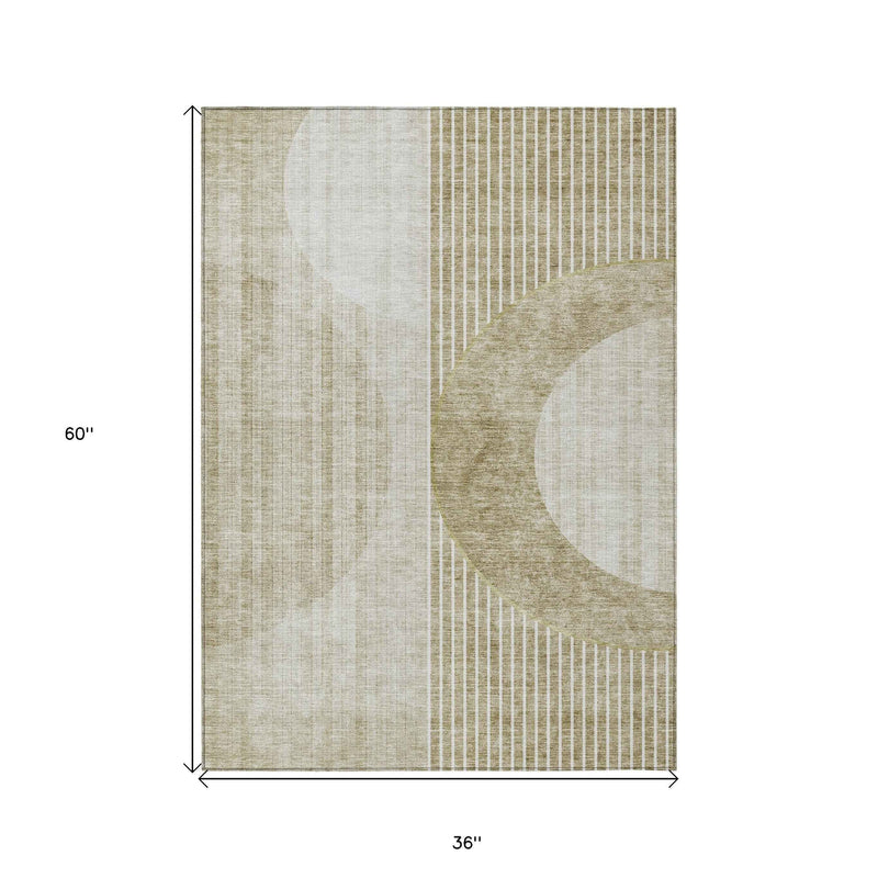 3' X 5' Taupe Beige And Tan Geometric Washable Indoor Outdoor Area Rug