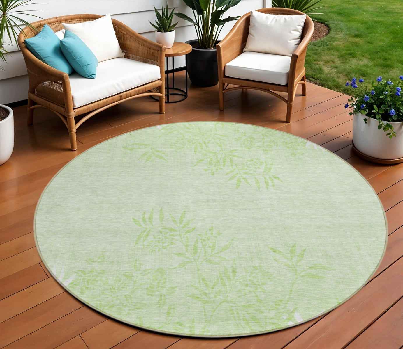 8' Mint Green Artichoke Green And Ivory Round Floral Washable Indoor Outdoor Area Rug