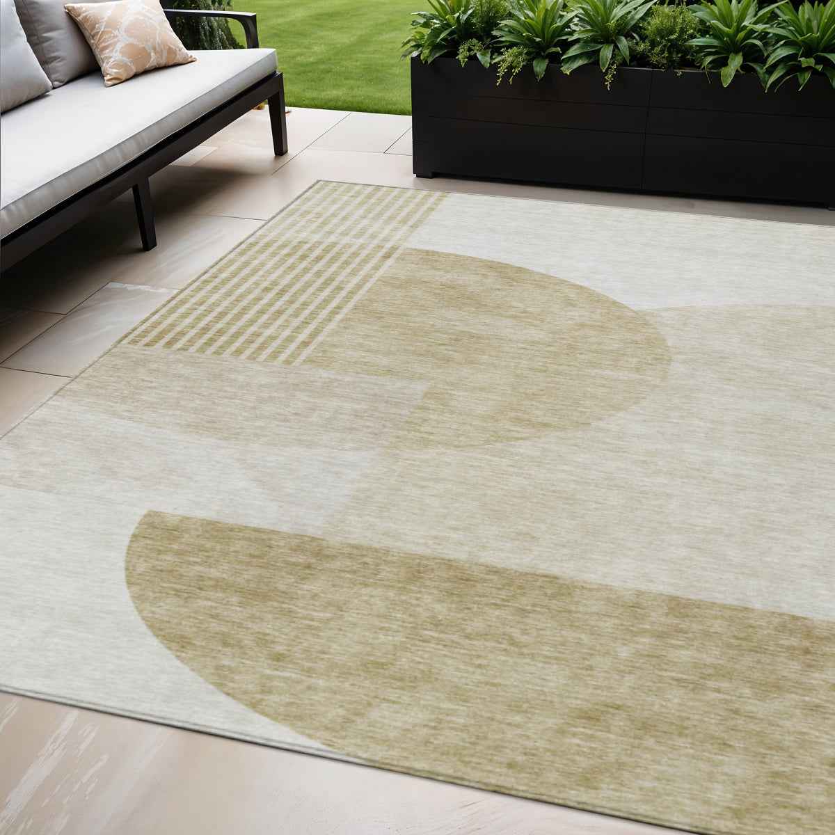 5' X 8' Brown Beige And Ivory Geometric Washable Indoor Outdoor Area Rug