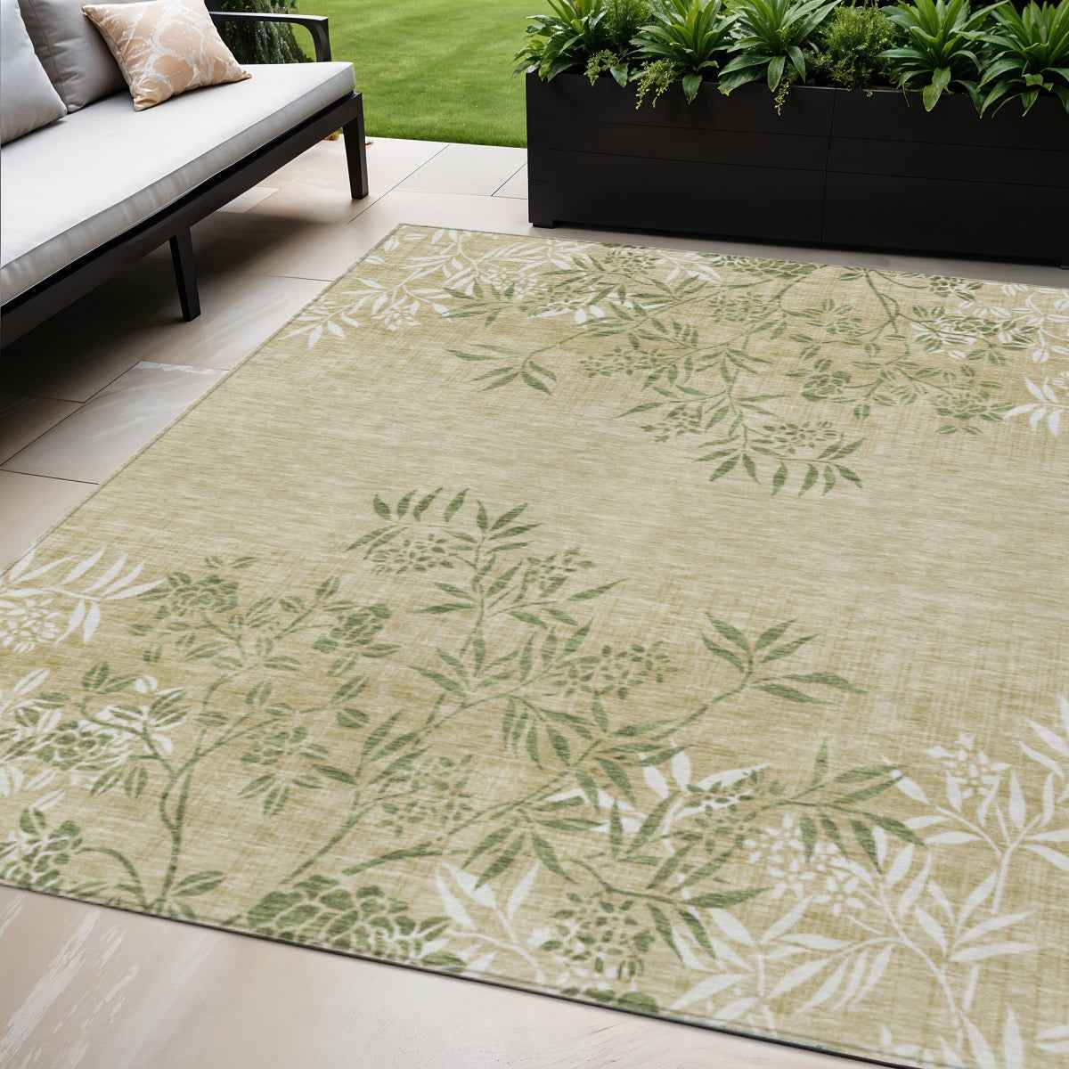5' X 8' Khaki Ivory And Green Floral Washable Indoor Outdoor Area Rug
