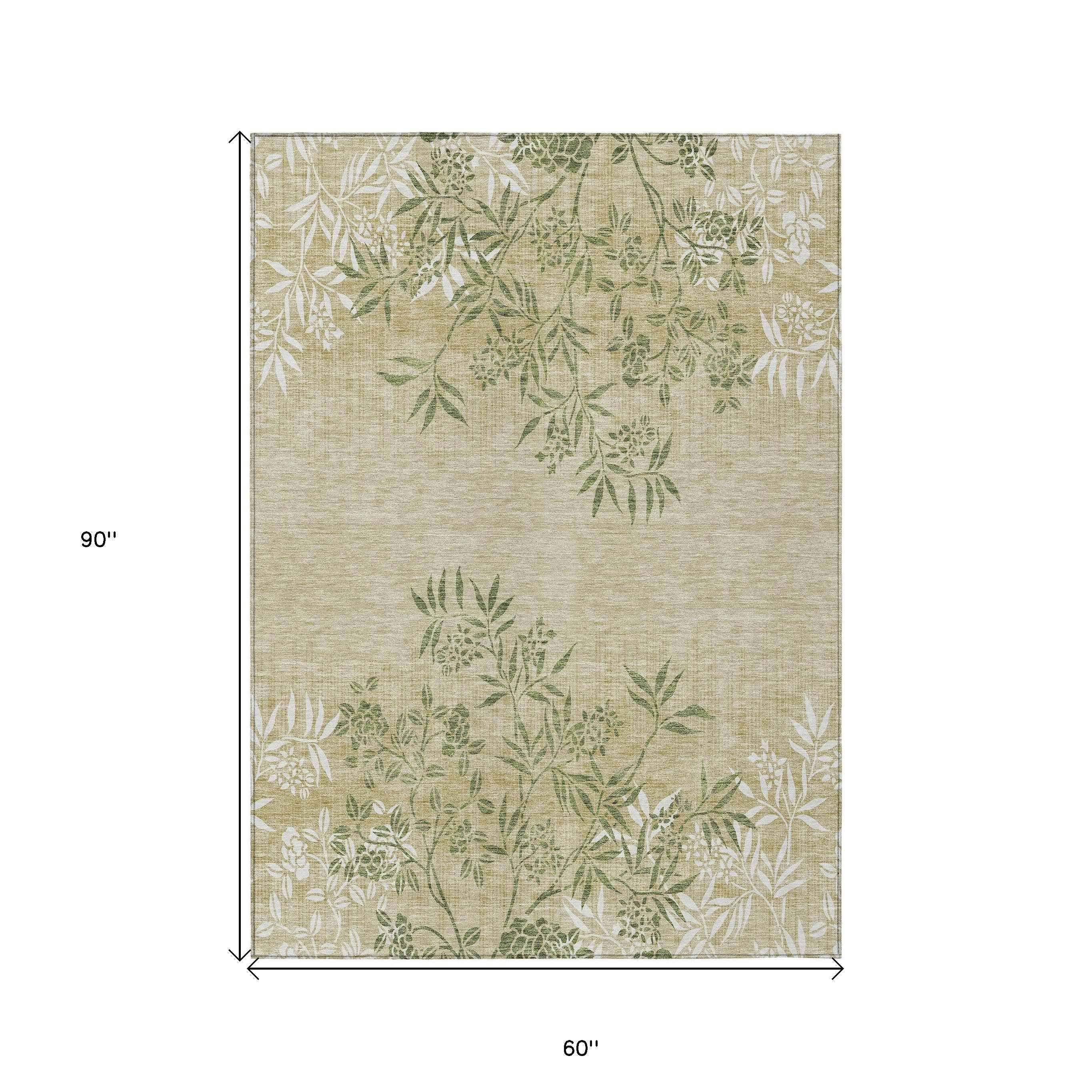 5' X 8' Khaki Ivory And Green Floral Washable Indoor Outdoor Area Rug