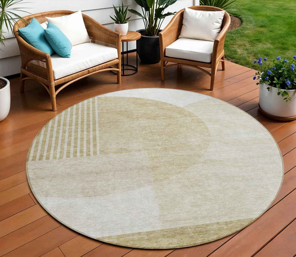 8' Brown Beige And Ivory Round Geometric Washable Indoor Outdoor Area Rug