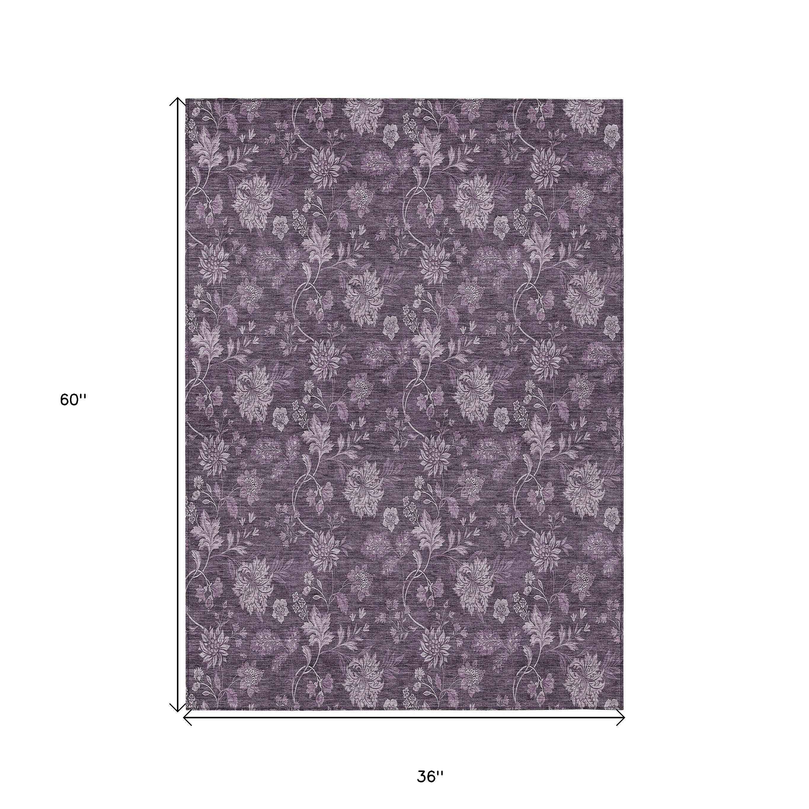 3' X 5' Plum Purple And Lavender Floral Washable Indoor Outdoor Area Rug