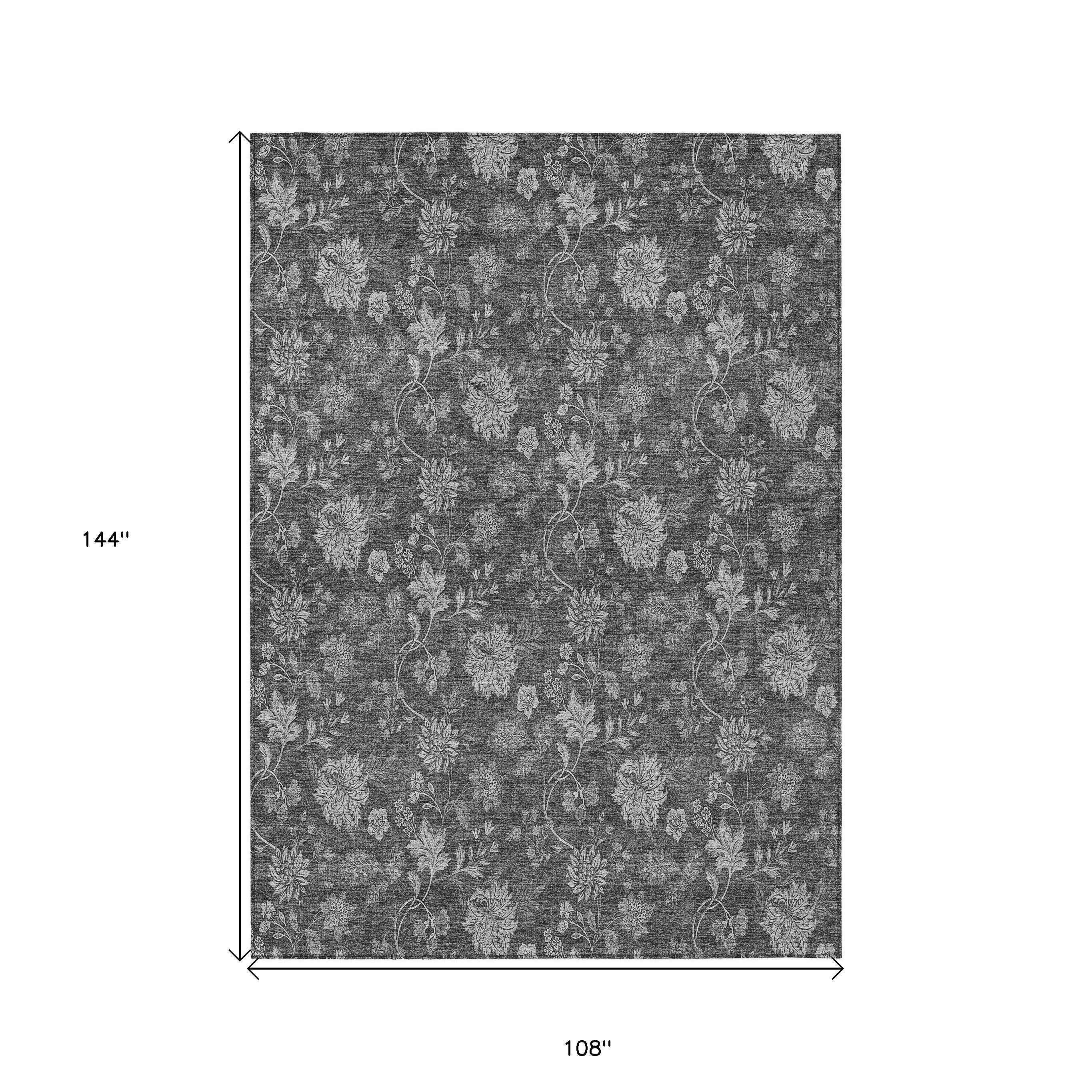 9' X 12' Gray Charcoal And Silver Floral Washable Indoor Outdoor Area Rug
