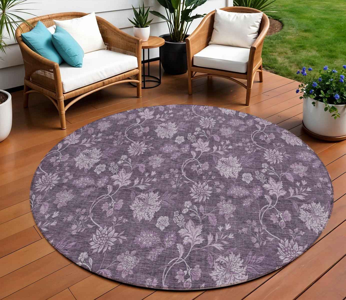 8' Plum Purple And Lavender Round Floral Washable Indoor Outdoor Area Rug
