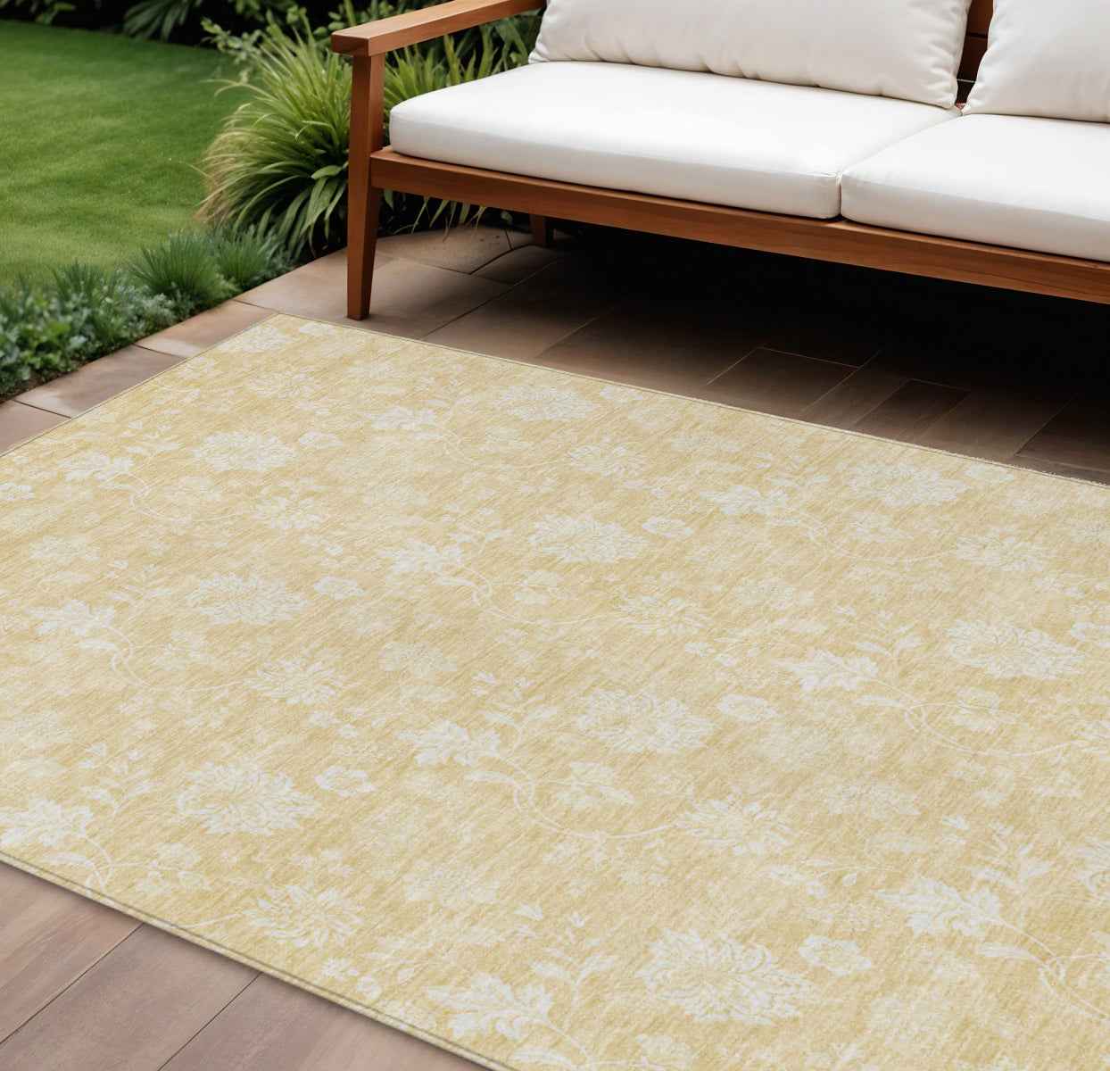 9' X 12' Yellow Wheat And Ivory Floral Washable Indoor Outdoor Area Rug