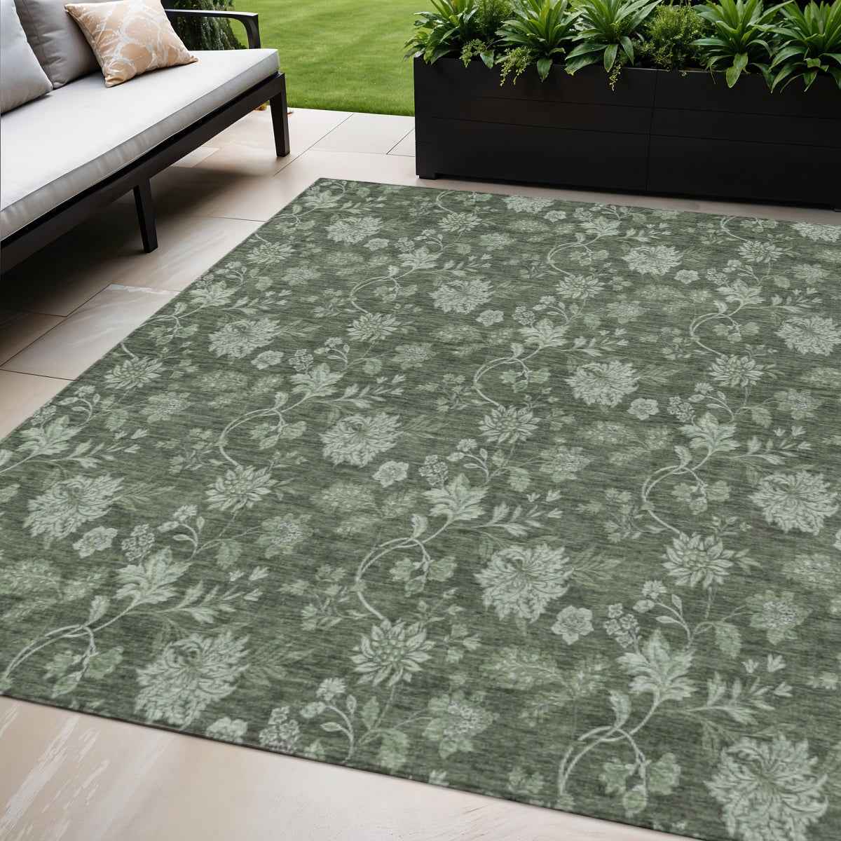 5' X 8' Olive Green And Artichoke Green Floral Washable Indoor Outdoor Area Rug