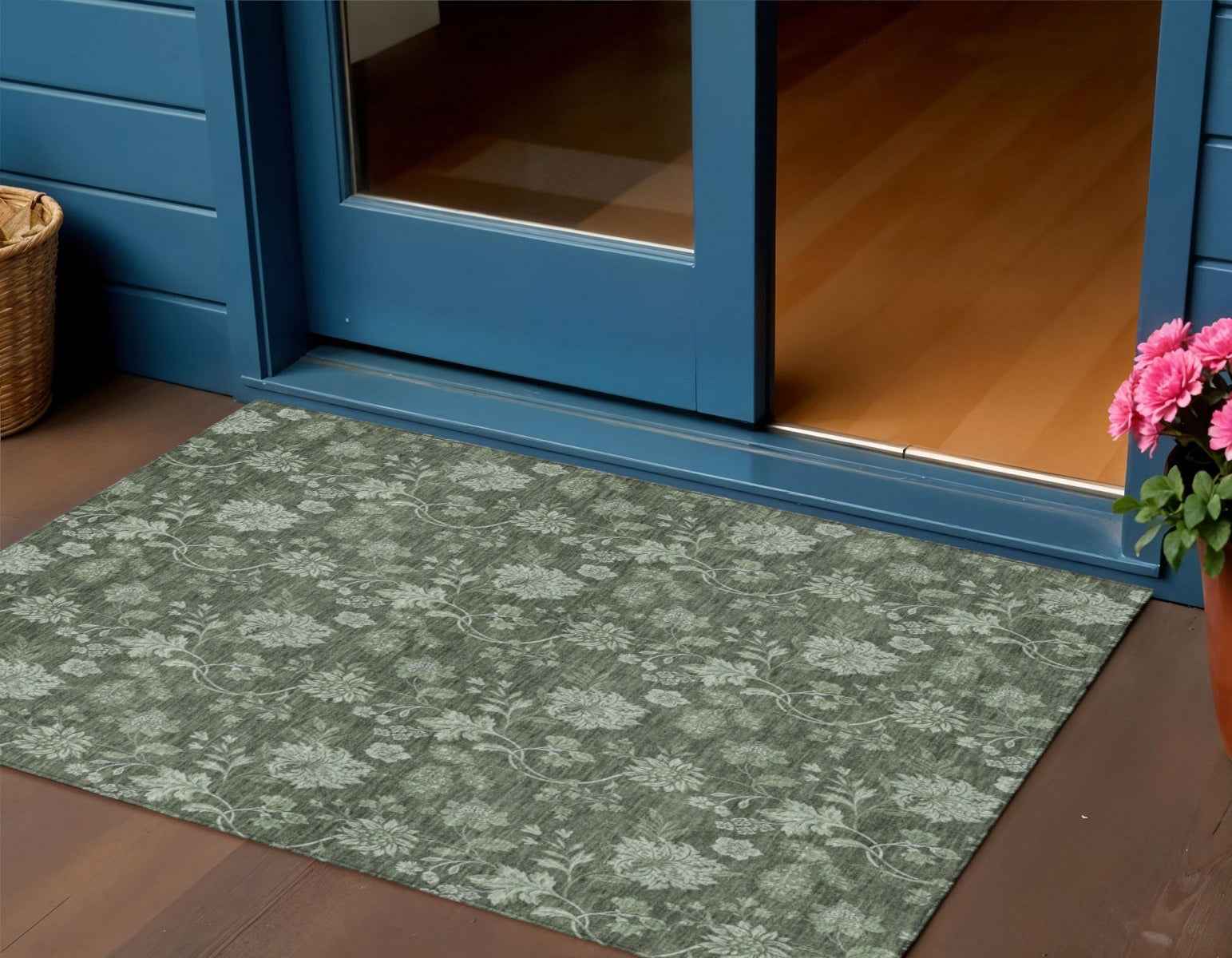3' X 5' Olive Green And Artichoke Green Floral Washable Indoor Outdoor Area Rug