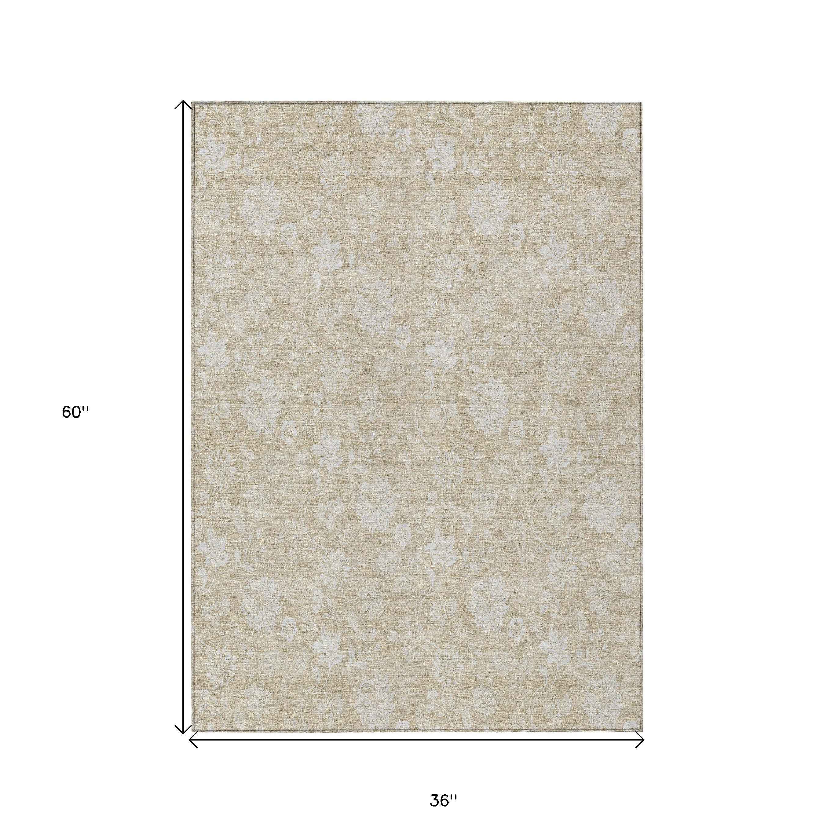3' X 5' Beige Tan And Ivory Floral Washable Indoor Outdoor Area Rug