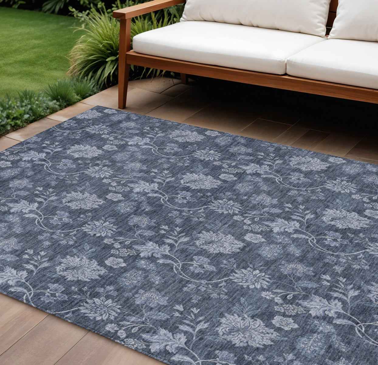 9' X 12' Denim Blue And Navy Blue Floral Washable Indoor Outdoor Area Rug