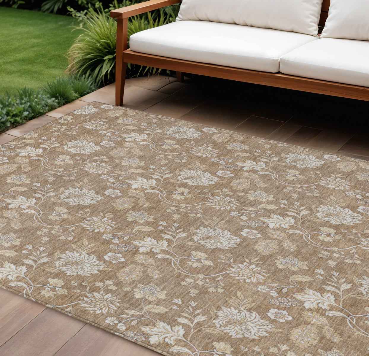 8' X 10' Copper And Beige Floral Washable Indoor Outdoor Area Rug