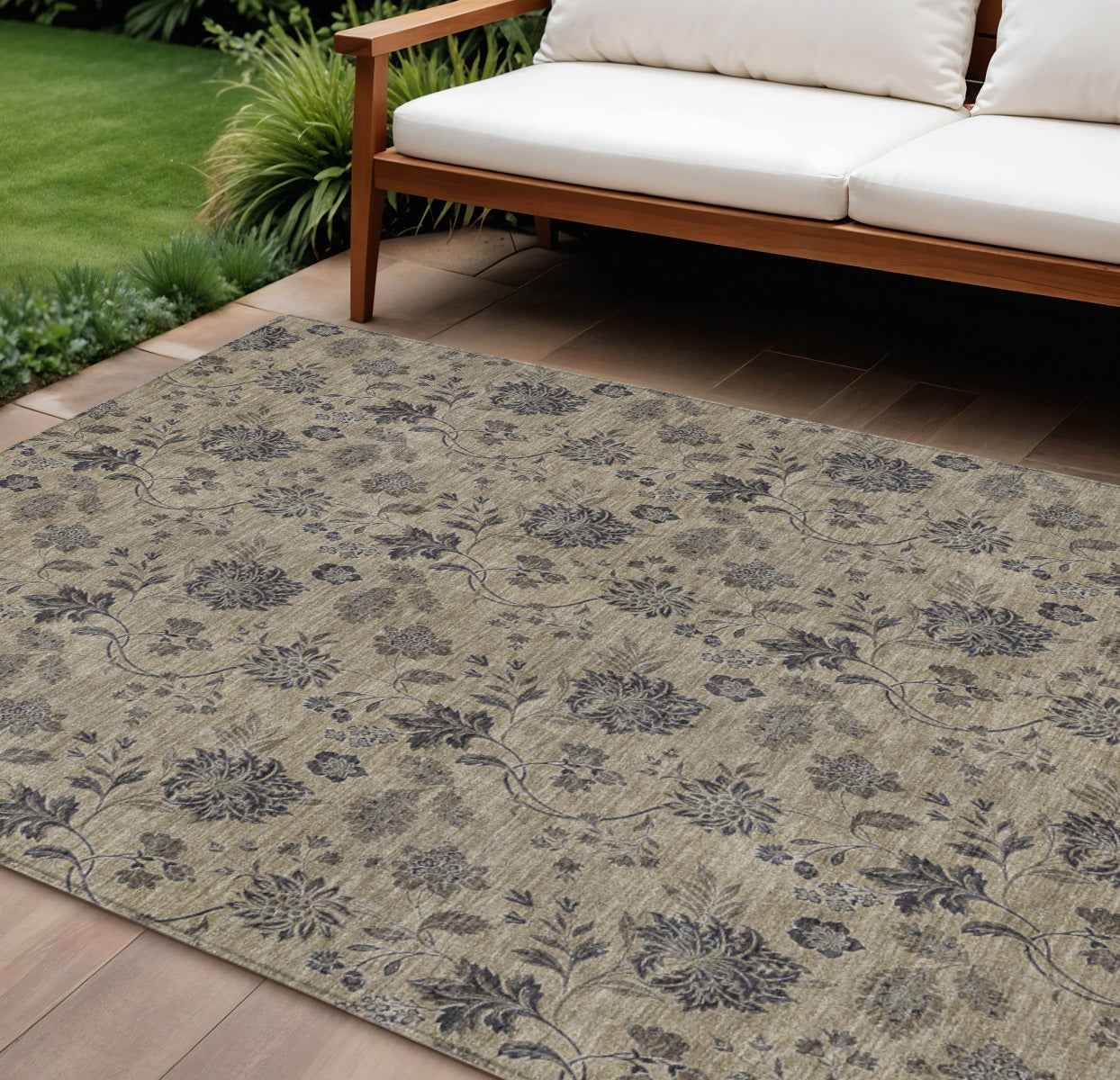 9' X 12' Brown Beige And Chocolate Floral Washable Indoor Outdoor Area Rug