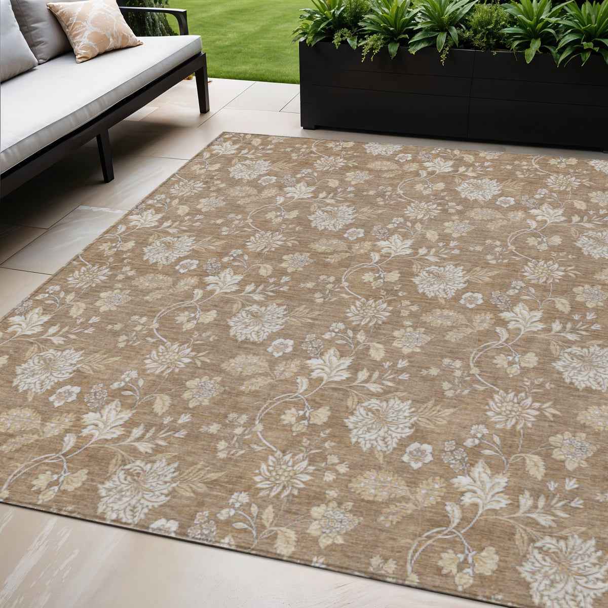 5' X 8' Copper And Beige Floral Washable Indoor Outdoor Area Rug