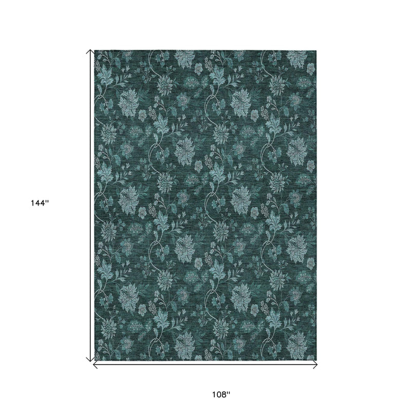 9' X 12' Teal Blue And Aqua Floral Washable Indoor Outdoor Area Rug